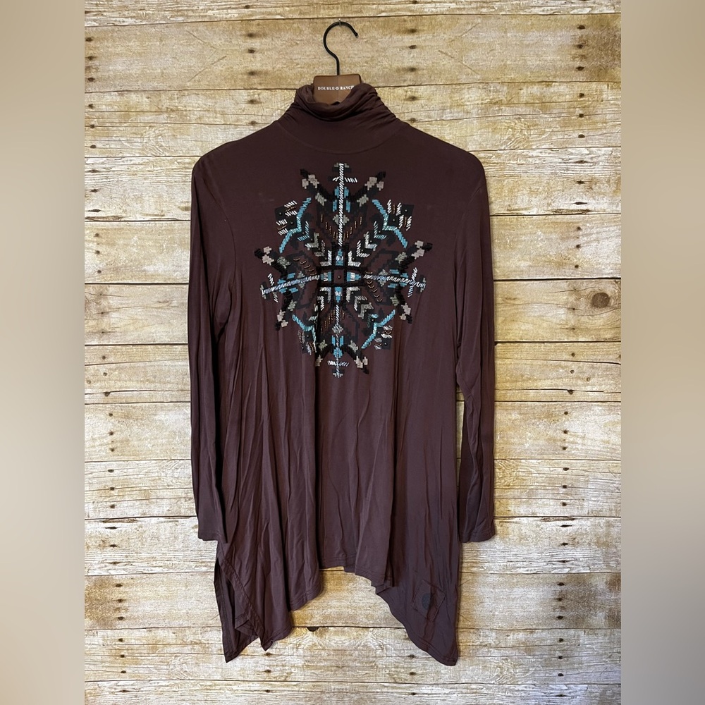 Double D Ranch chocolate brown beaded turtleneck tunic size XS